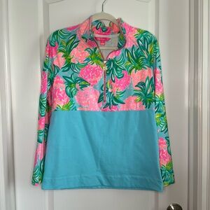 Lilly Pulitzer UPF 50+ Popover 3/4 zip Noralie popover blue Ibiza pineapple EUC